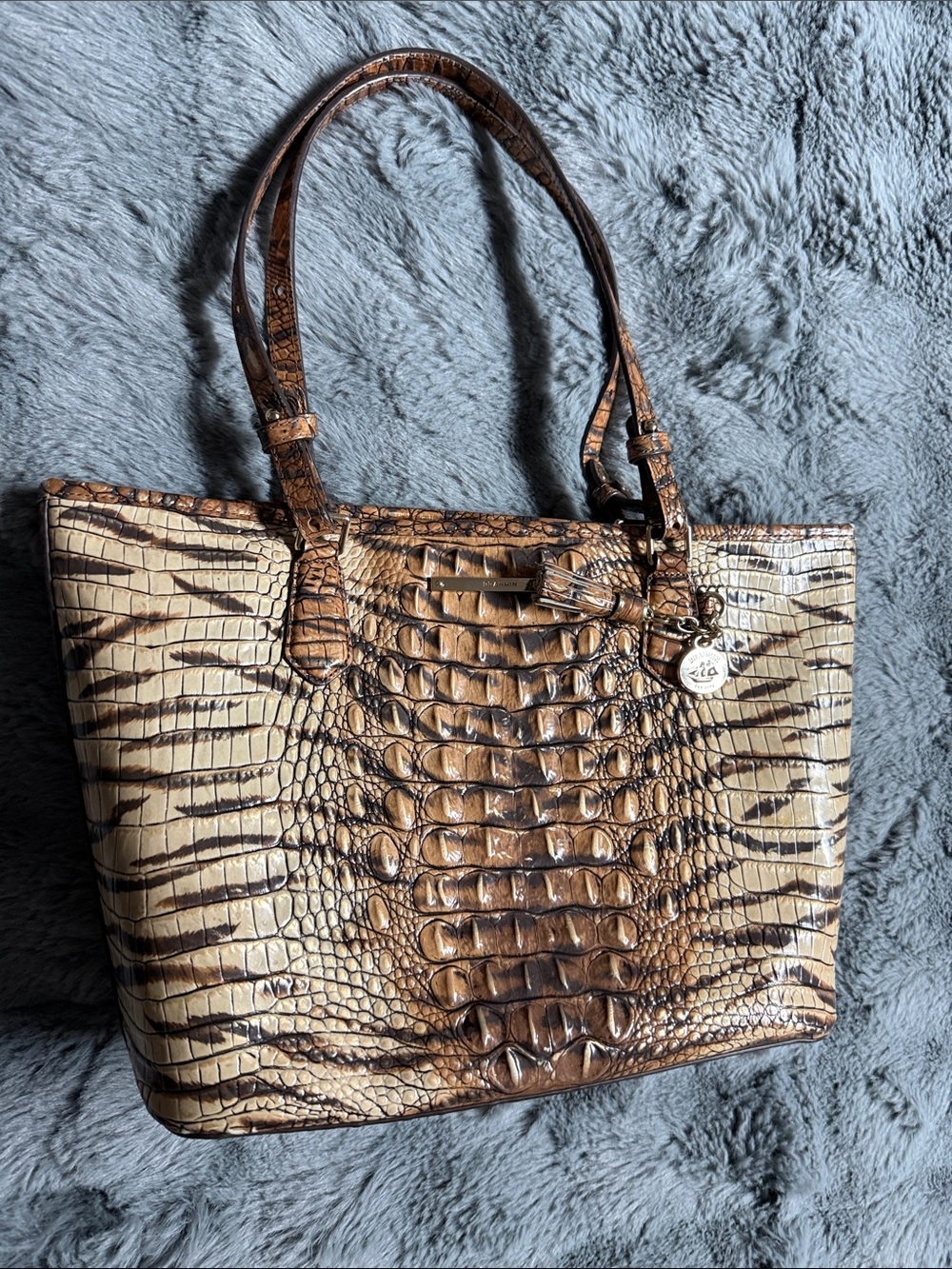 Brahmin Croc-Embossed Tote Bag in Brown and Tan 🐅 - Charming logo Detail